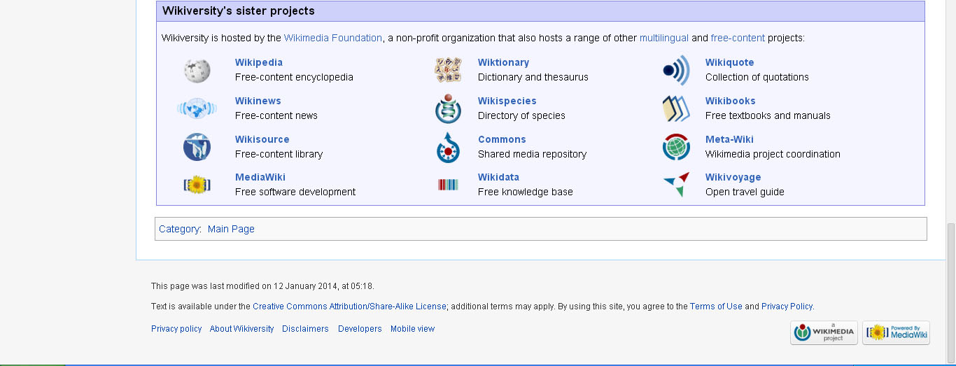 Screenshot showing the other projects of Wikimedia Foundation -- the organization behind Wikiversity